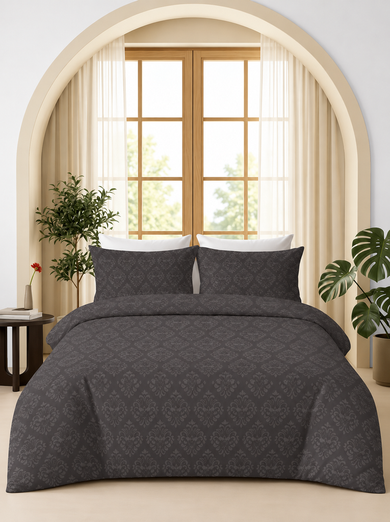 grey taupe damask embossed bedsheet set styled on a modern bed
