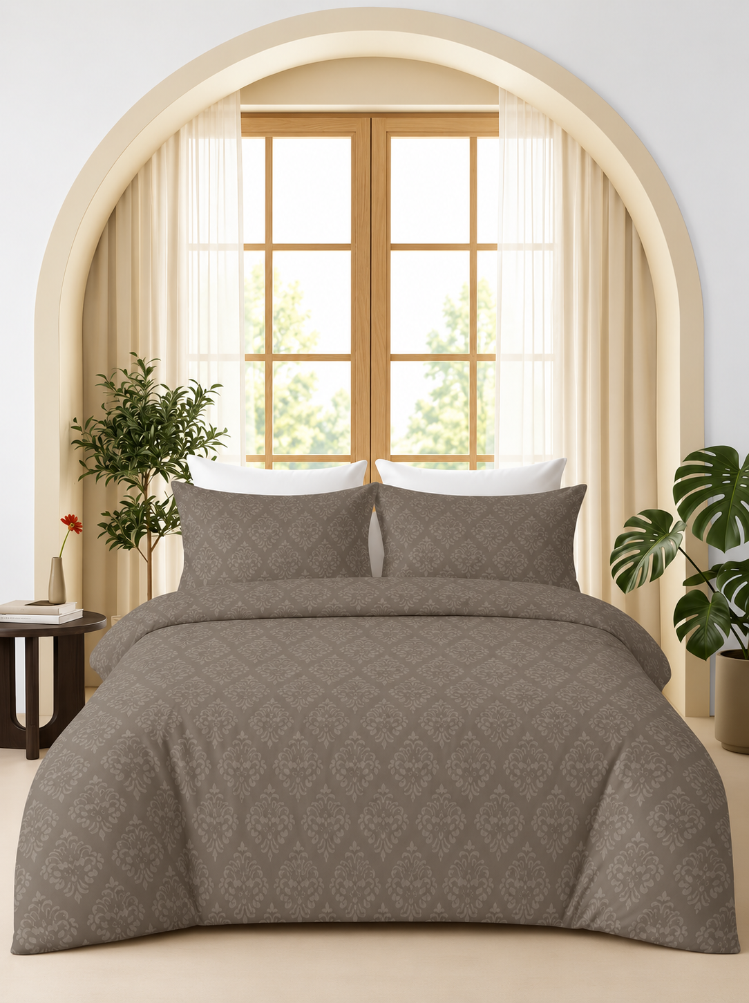 Dark charcoal grey damask embossed bedsheet set styled on a bed in a bright bedroom.