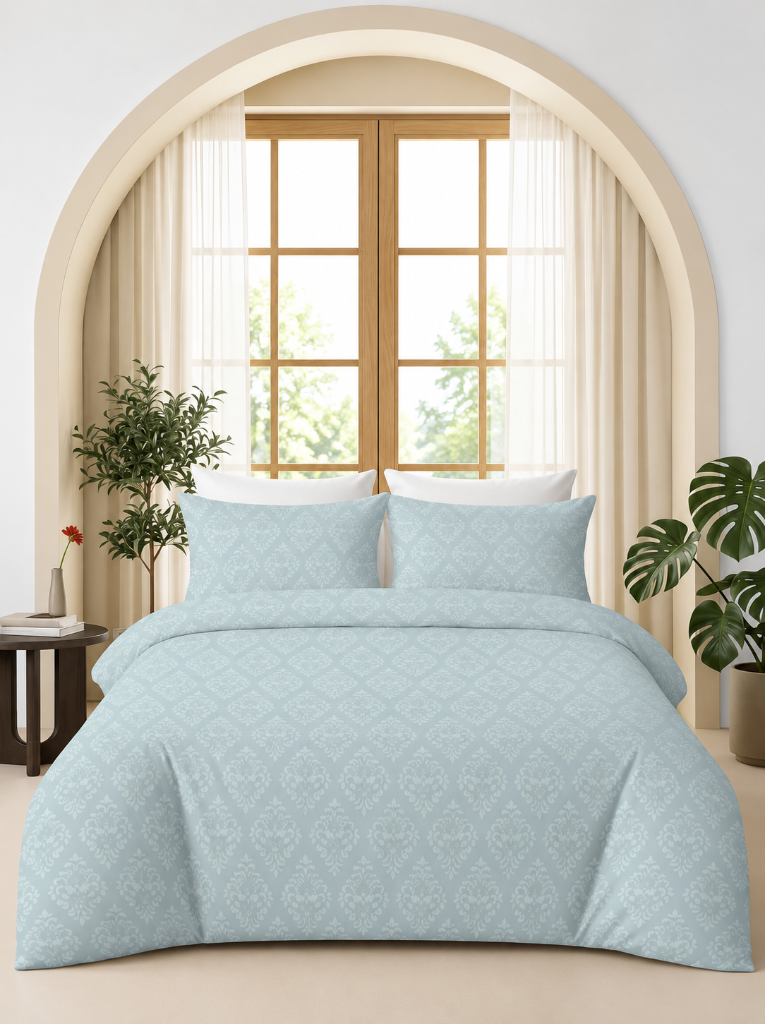Light blue damask embossed bedsheet set styled on a bed in a bright modern bedroom.