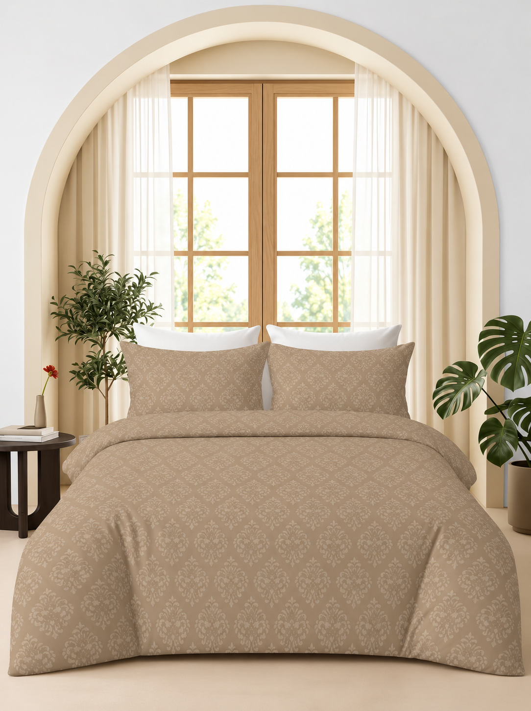 Taupe damask embossed bedsheet set styled on a bed in a bright modern bedroom.