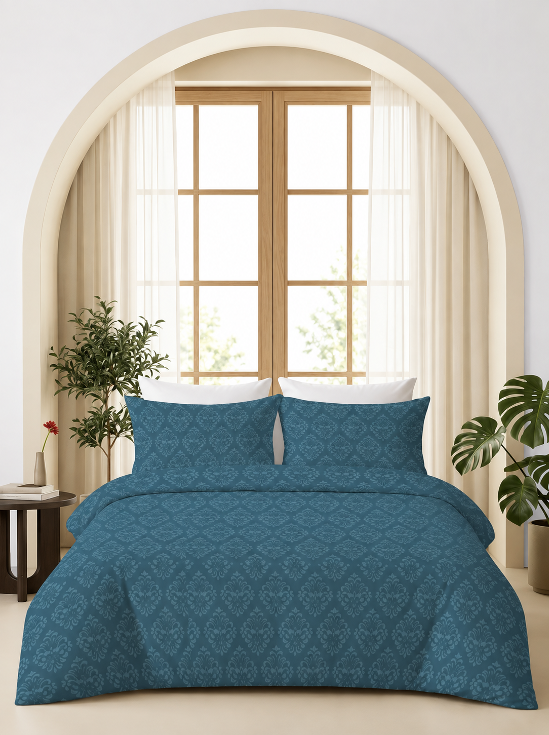 Teal blue damask embossed bedsheet set styled on a bed in a bright modern bedroom.